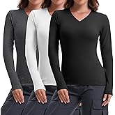 HOPLYNN 3 Pack Womens Long Sleeve Shirts V Neck Underscrub Slim Fitted Basic Workout Gym Fall Undershirts Tops