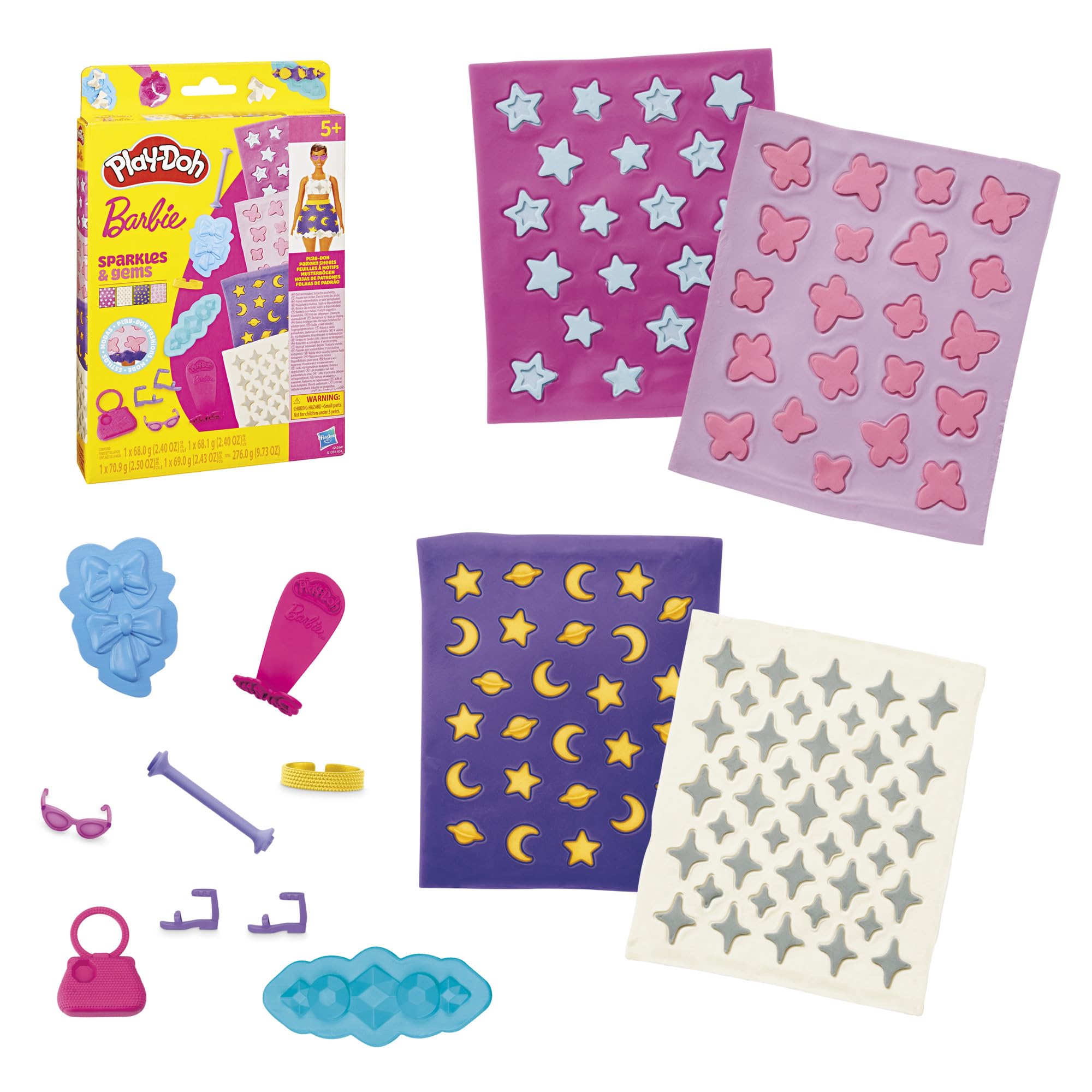 Play-Doh Barbie Sparkles and Gems Accessory Pack, 4 Refill Pattern Sheets of Modeling Compound, 8 Fashion Accessories, Kids Arts and Crafts for Ages 5+