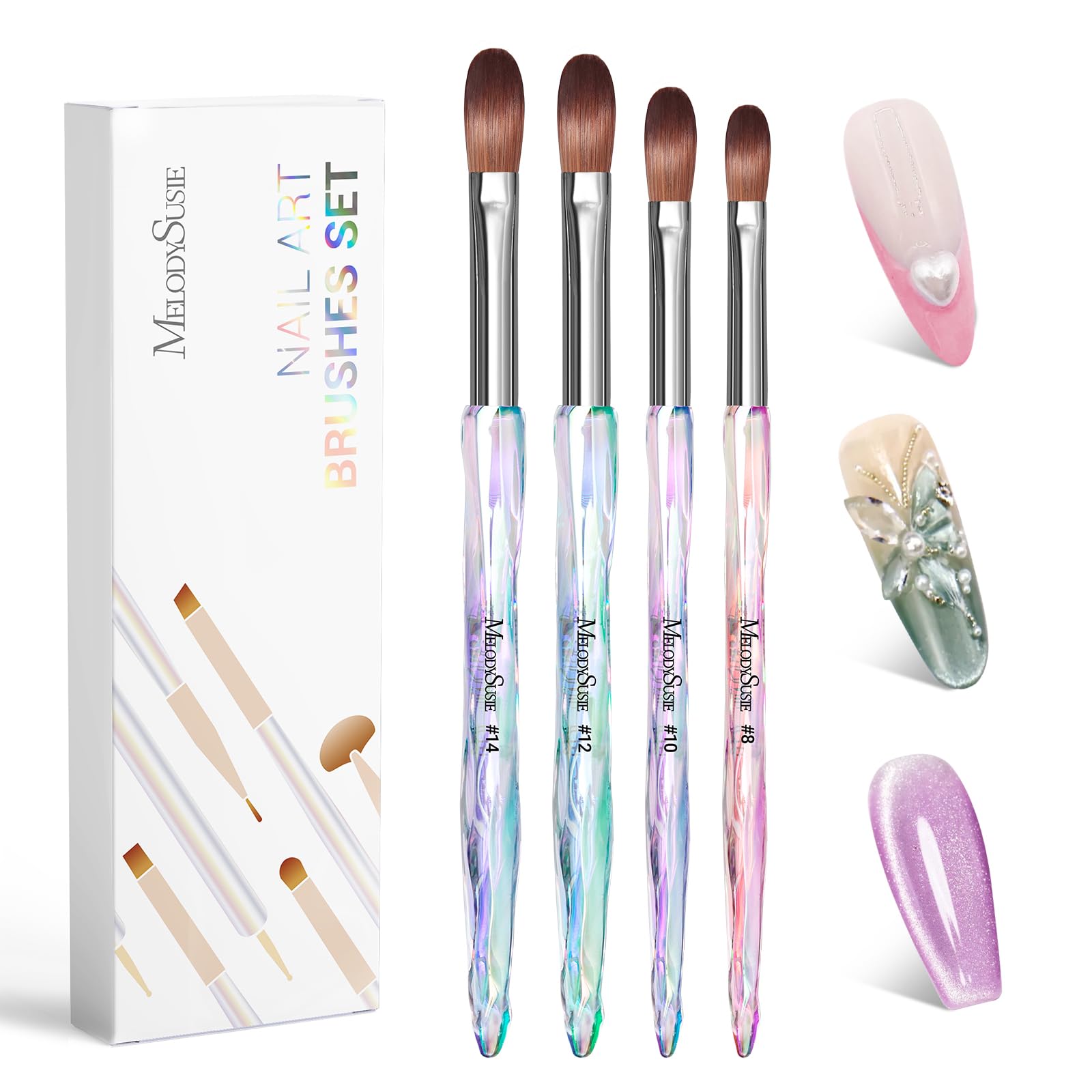 MelodySusie 4Pcs Acrylic Nail Brush Set, Size 8/10/12/14/ Professional Nail Brushes for Acrylic Application Acrylic Powder Nail Extension and 3D Nail Carving for DIY Home Salon Nail Art Manicure Tool