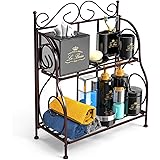 Bathroom Countertop Organizer, F-color 2 Tier Foldable Kitchen Spice Rack Counter Storage Shelf Organizer, Bronze