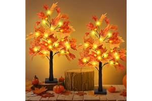 Uieke 2 Packs 24inch Lighted Artificial Fall Maple Tree 48 LED Tabletop Fall Tree with 12 Pine Cones Lights Battery Operated with Timer, Fall Decorations for Home Thanksgiving Halloween Fall Decor