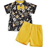 KtwHarnu Toddler Baby Boy New Year Outfit Short Sleeve Button Down Shirt and Solid Shorts 2Piece Gentleman Set Winter Clothes
