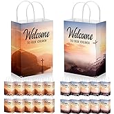 Chuangdi 50 Pcs Church Welcome Bags Bulk 5.91 x 3.15 x 8.27 Inches Christian Cross Paper Bags Religious Gift Welcome to Our Church with Handles for Birthday Baptism Guest Party Favor Supplies