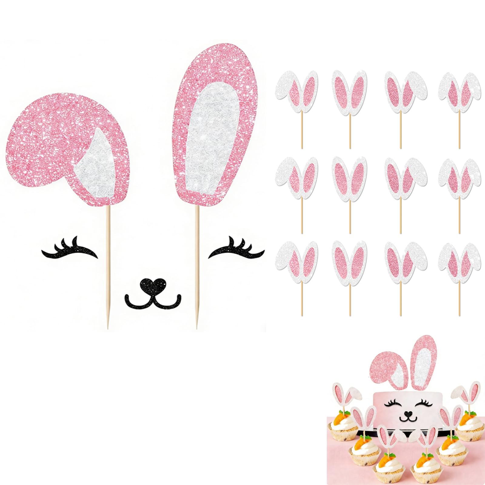 HattusaShield 17 Pcs Happy Easter Day Cake Toppers Bunny Ears Cake Picks with Eyelashes Nose Mouth Ears for Rabbit Kids Birthday Cake Baby Shower Easter Party Decorations