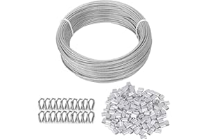 TooTaci 1/8 Wire Rope Kit, 100ft Vinyl Coated Stainless Steel Cable with 50pcs Crimping Sleeves and 20pcs Thimbles, 7x7 Strand Core Metal Cable for String Light, Shade Sail, Clothesline, Curtain