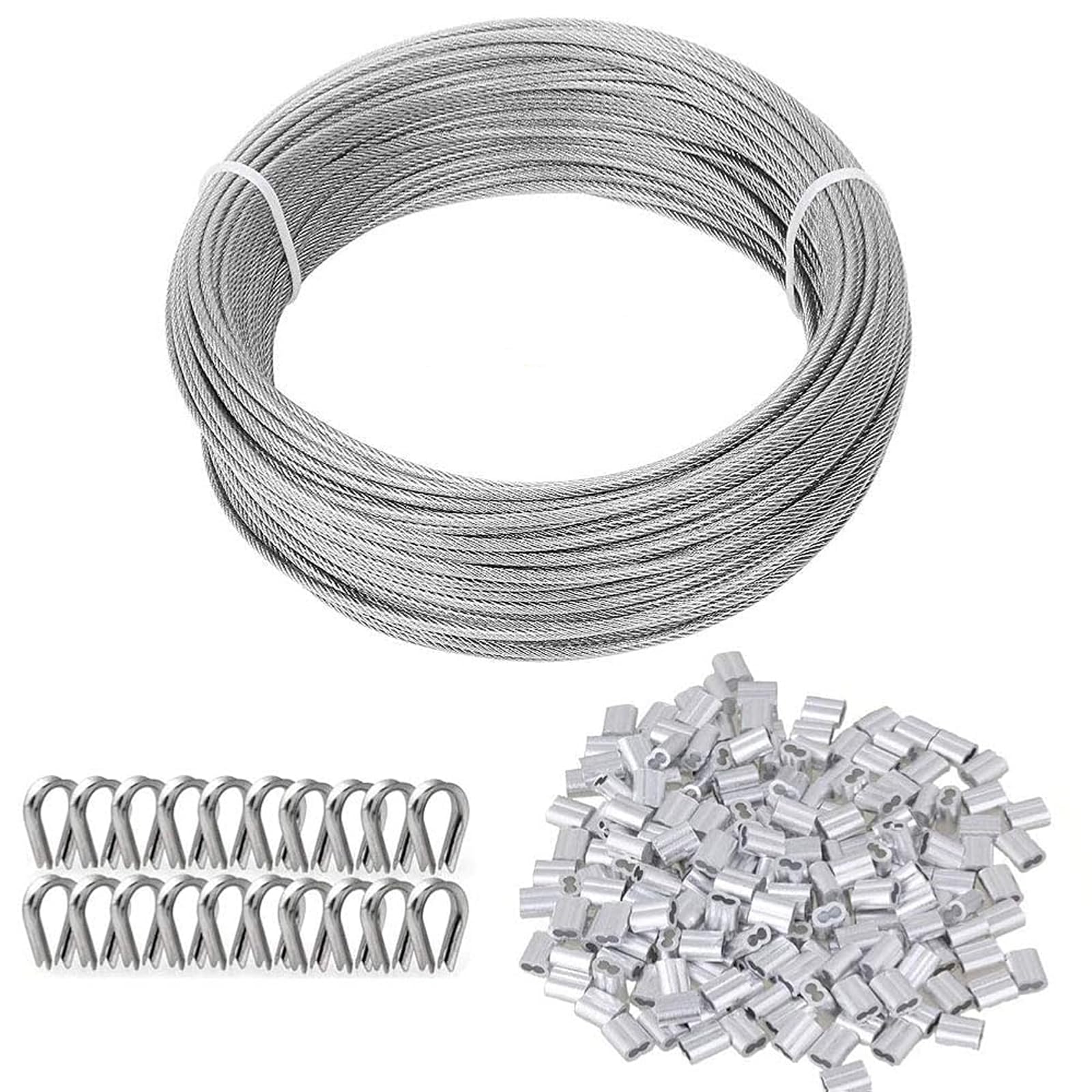 TooTaci 3mm Wire Rope Kit, 30M/3mm PVC Coated Stainless Steel Wire Rope Cable with 50pcs Crimping Sleeves & 20pcs Thimbles, 7×7 Strands, Hanging Wire for Garden Fence Wire, Curtain Wire, DIY Projects