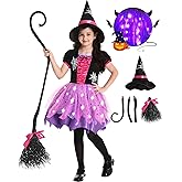 Halloween Witch Costume for Girls, Light Up Witch Dress with Hat and Broom, Toddler Costumes for Role-Play Party