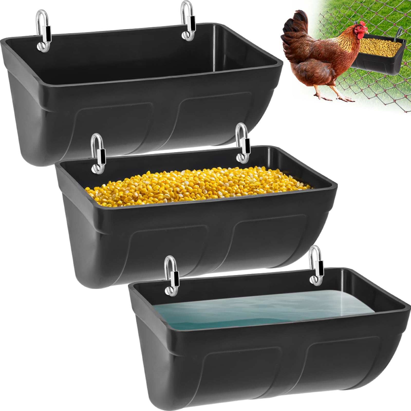 Photo 1 of 2 Pack Hanging Chicken Feeder Waterer Trough 4 Quart, Goat Feeding Supplies, Coop Fence Feeder, Feed Bucket & Water Container with Clips for Chicken Duck Piglet Sheeple Dog Livestock Poultry (Black)