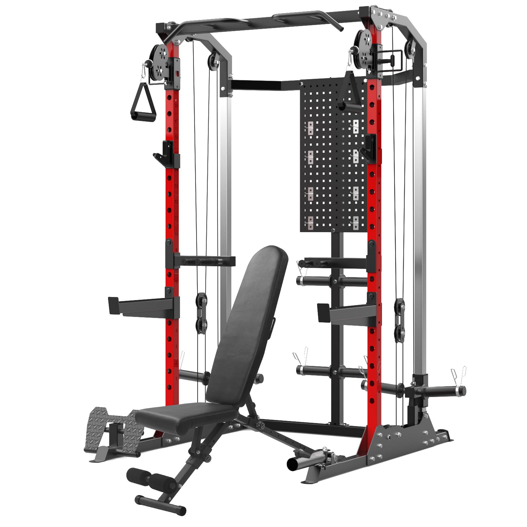 Photo 1 of **BOX 2 OF 2 ONLY/INCOMPLETE SET***Power Cage, 2000LB Squat Rack for Home Gym, Dual Pulley Cable Crossover System, Multi-Function Free Weight Home Gym Workout Machine with Bench Attachments, Red