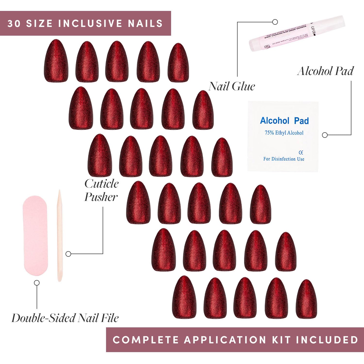 Glamnetic Press On Nails - Ruby Slipper | Deep Red Sparkly Short Almond Fake Nails with a Velvet Finish, Reusable | 15 Sizes - 30 Nail Kit with Glue - Image 4
