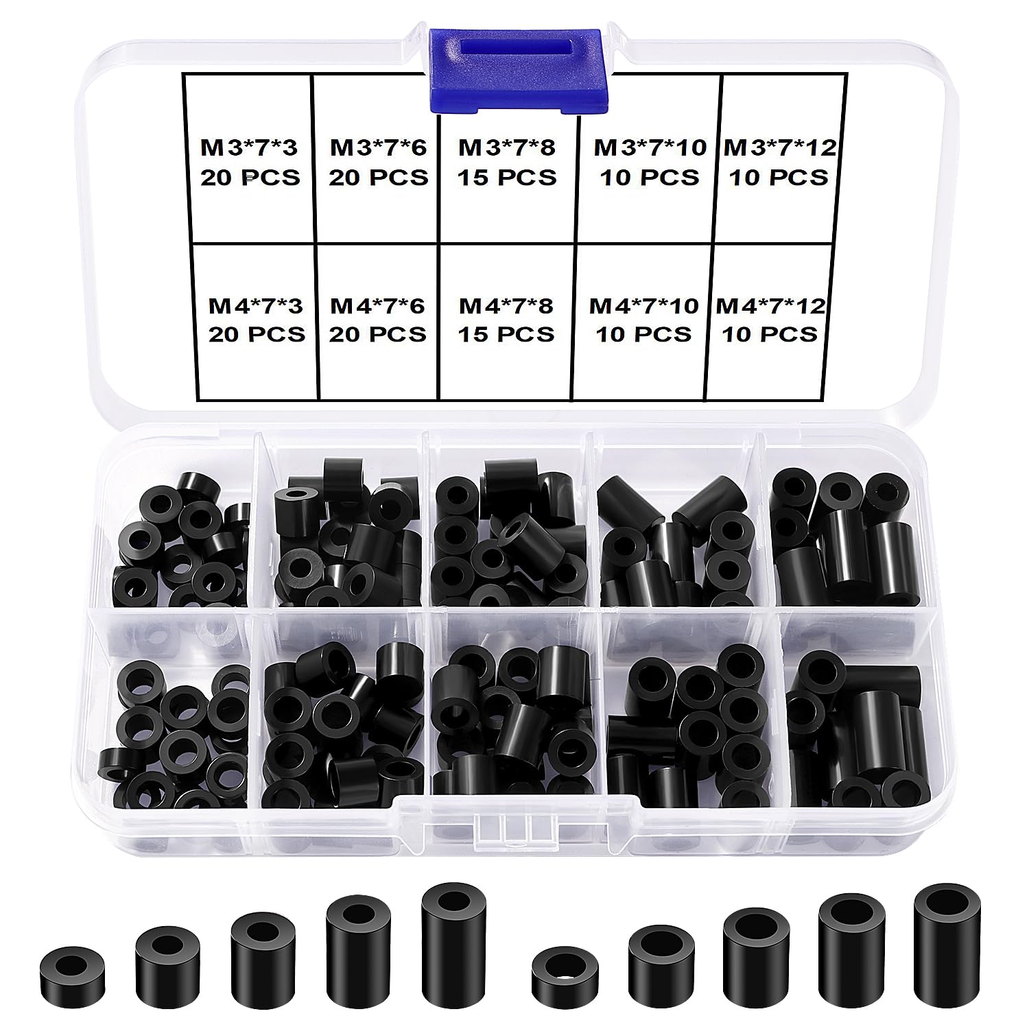 YIXISI 150 PCS ABS Round Spacer Assortment Kit, for M3 / M4 Screws, Non Threaded Column Standoff Support Spacer, OD 7mm, Black