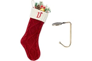 VRFASHION Christmas Stockings with Initials, Letter D Embroidered Xmas Stockings, 18" Large Monogram Knitted Xmas Stocking, Christmas Party Fireplace Family Hanging Stocking Decorations 1Pcs Red-White