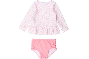 RuffleButts Baby/Toddler Girls Scalloped Long Sleeve Rash Guard 2-Piece UPF50+ Sun Protected Swimsuit