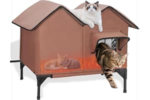 VILRAK Large Heated Cat House for Outside in Winter, Elevated Insulated Heated Outdoor Cat House Weatherproof with Heating Pad, Waterproof Outdoor Cat Shelter for Multiple Cats Small Dogs (Brown)