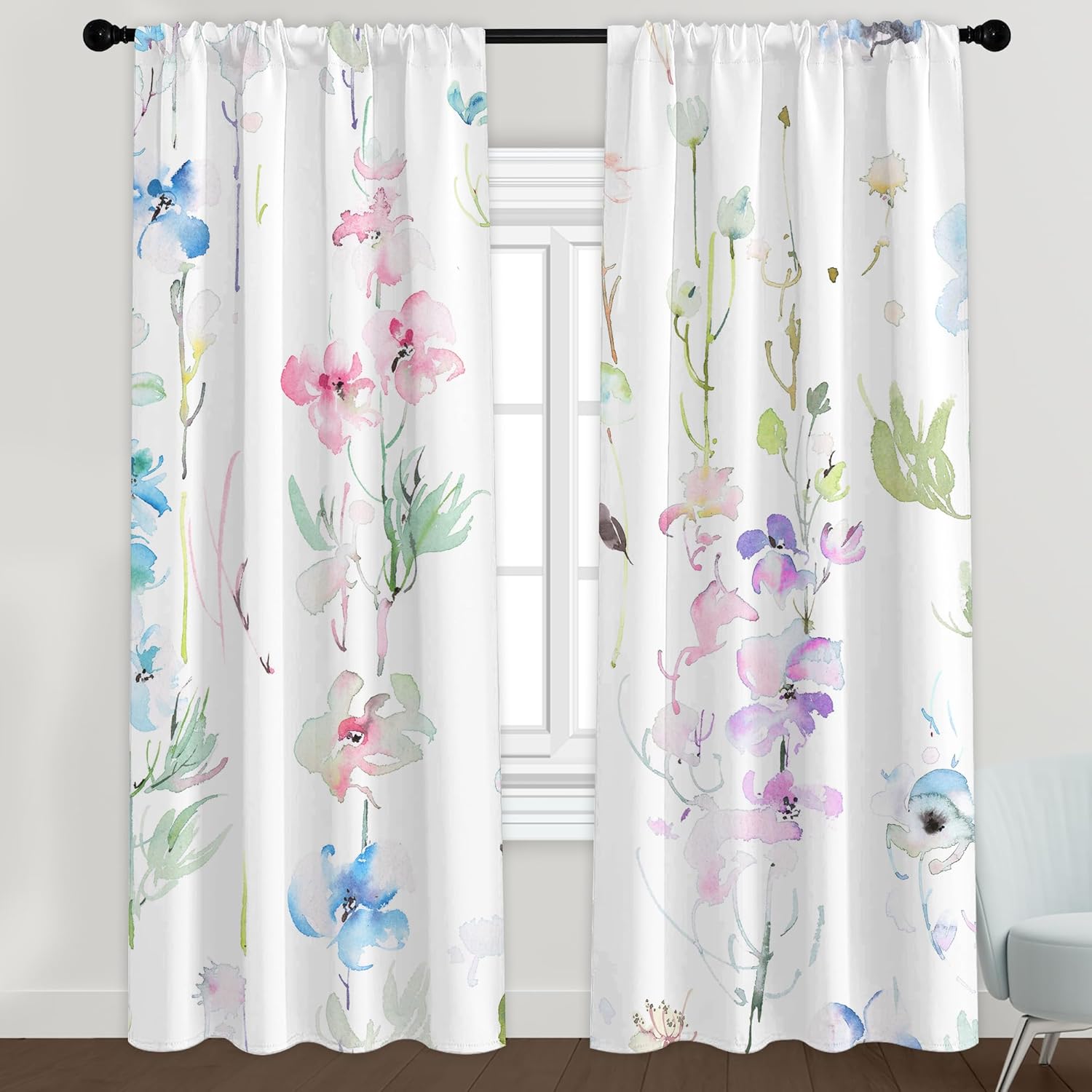 Outdoor Curtains - Fereyis Blue Pink Flower Window Curtains for Living Room 84 inch Length 2 Panels Set Elegant Plant Spring Printed Door Curtain for Bedroom 54