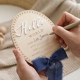 TTMerriwood Baby Announcement Sign 6.5 Inch Wooden Hello World Newborn Welcome Sign Birth Name Plaques for Photo Props Shower Hospital Nursery (Midnight Blue)