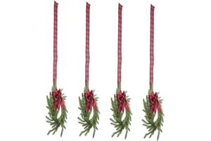 Zerodeko 4pcs Small Norfolk Pine Artificial Christmas Wreaths with Red Plaid Burlap Bow PE and Iron Wire