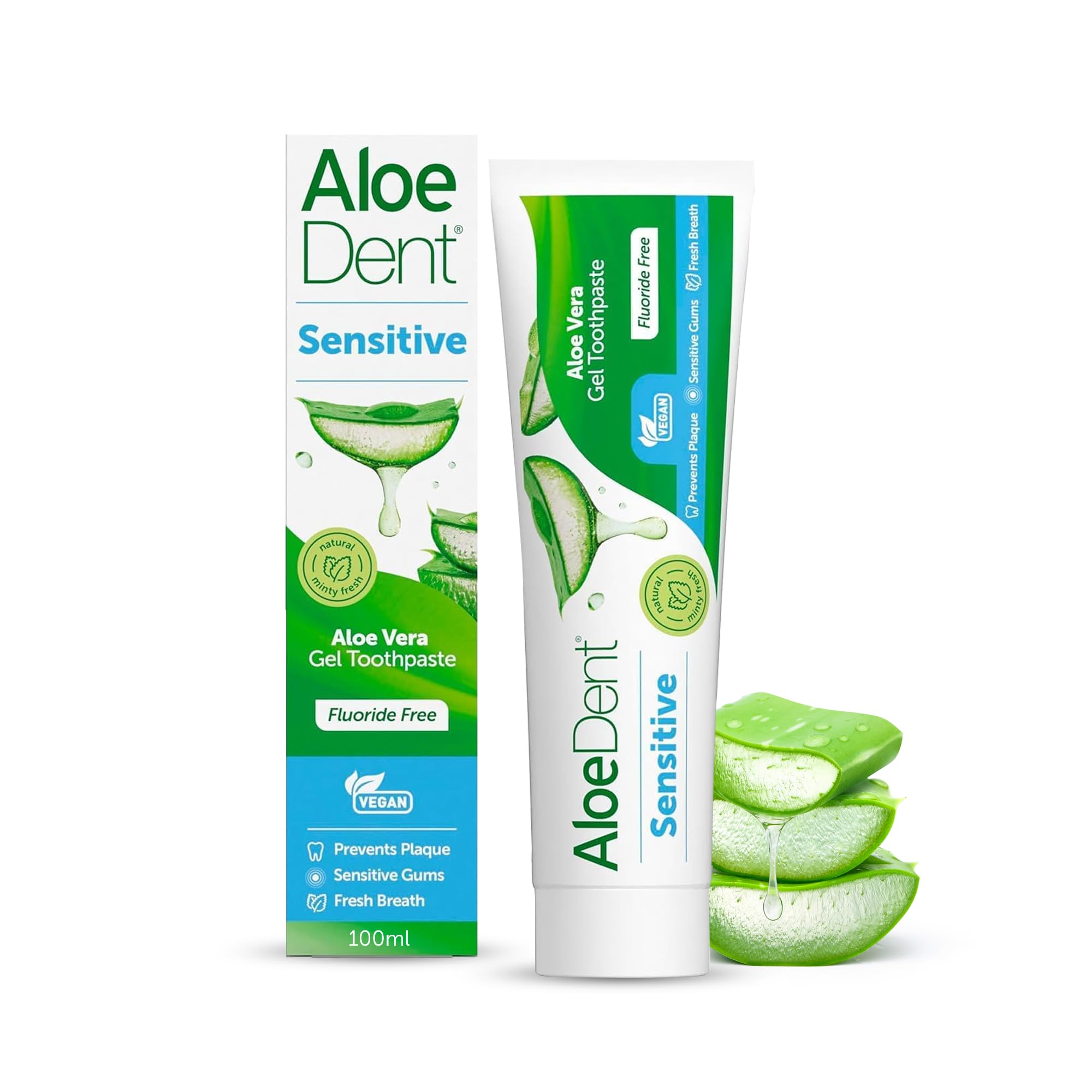 Aloe Dent - Sensitive Aloe Vera Gel Toothpaste - Fluoride Free - Prevents Plaque, Supports Sensitive Gums & Freshens Breath - Vegan, Cruelty Free & SLS Free - 100ml - 1 Pack
