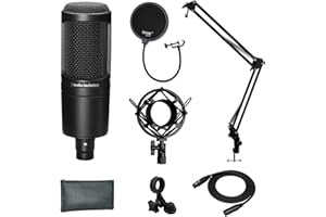 Audio-Technica AT2020 Condenser Studio Microphone with Knox Gear Filter, Boom Arm, Cable and Shock Mount Bundle (5 Items)