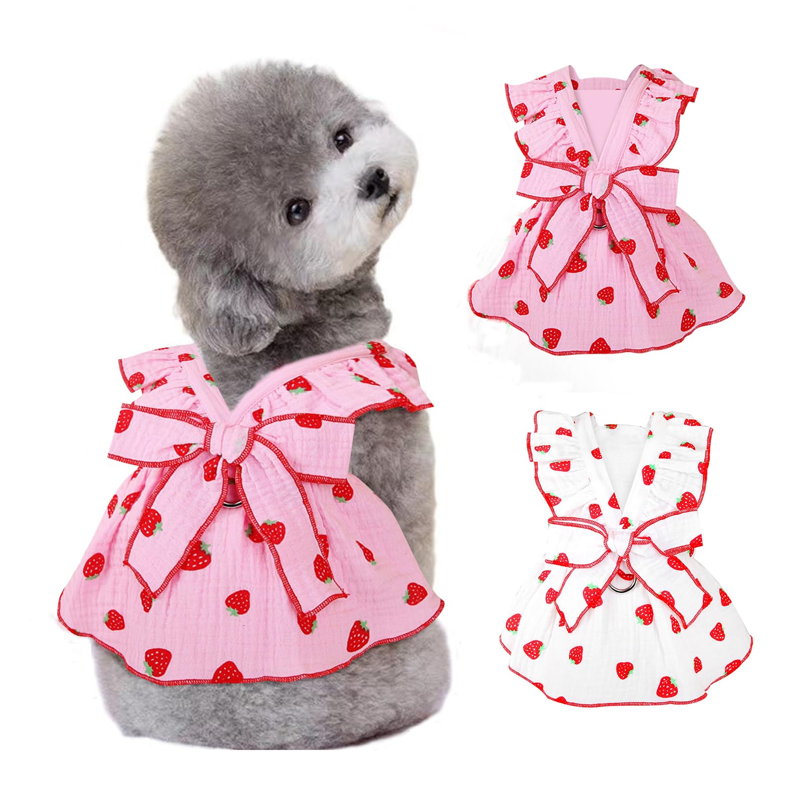 Photo 1 of 2 Pack Dog Dresses for Small Medium Dogs Girl, Cute Cotton Girl Dog Clothes with Leash Ring & Bow Decor,Pink & White Yorkie Chihuahua Clothes Strawberry Print, XS Puppy Clothes (X-Small, Strawberry)