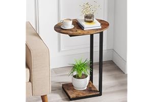 Hosfais Side Table Small End Table: C-Shaped Wood Sofa Table with Metal Frame for Living Room, Bedroom, Small Spaces (Rustic 