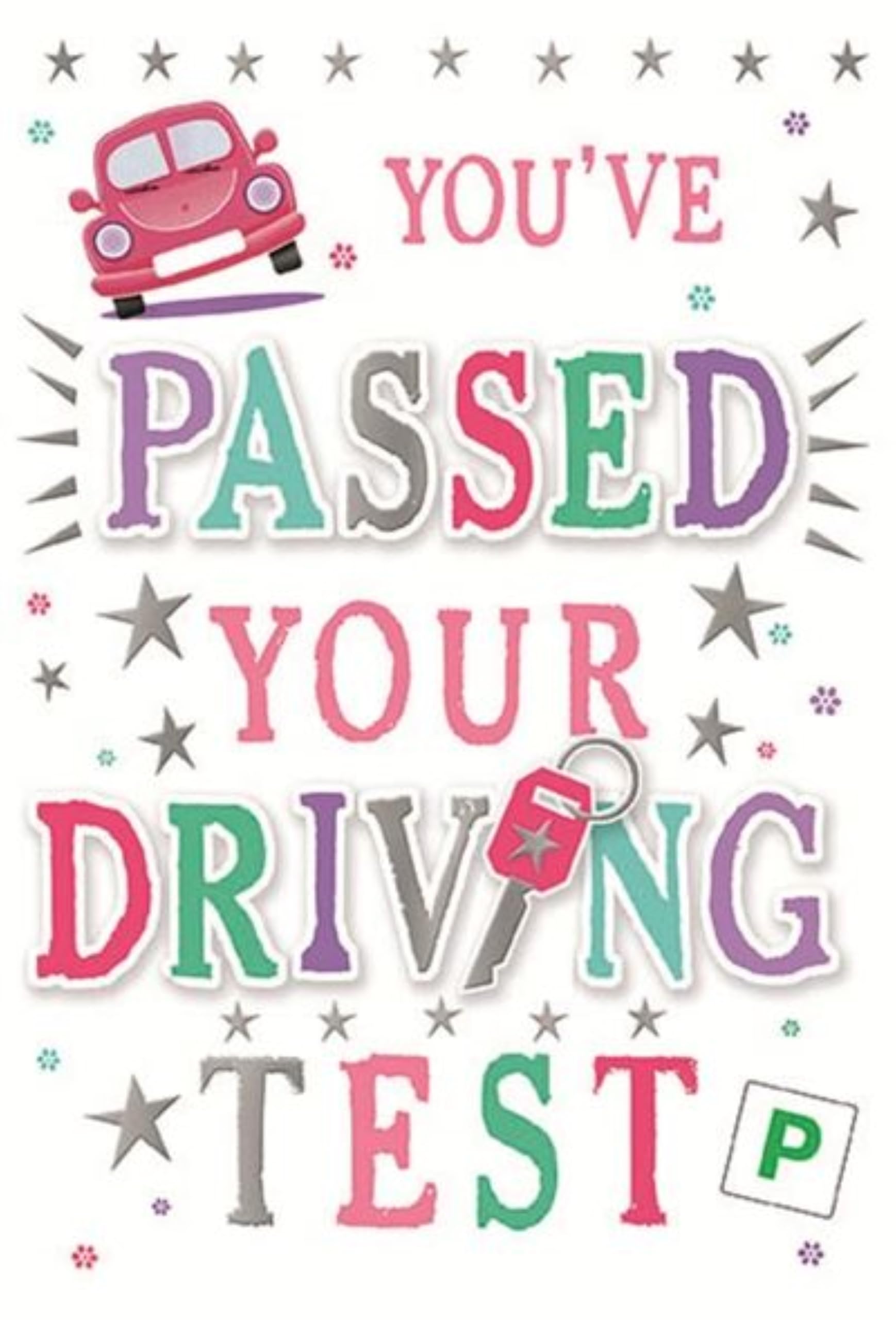 Passed Your Driving Test Greetings Card - Pink Car Silver Foil Stars 7.5"x5.25"