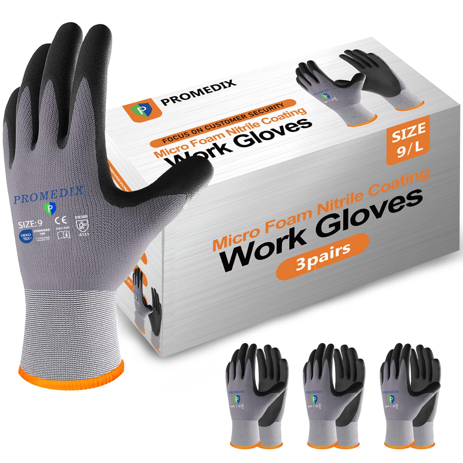 Photo 1 of PROMEDIX P 3 Pairs Work Gloves with Grip for Cleaning Garden Mechanic Fishing Working Nitrile Coated for Men Gardening L-3