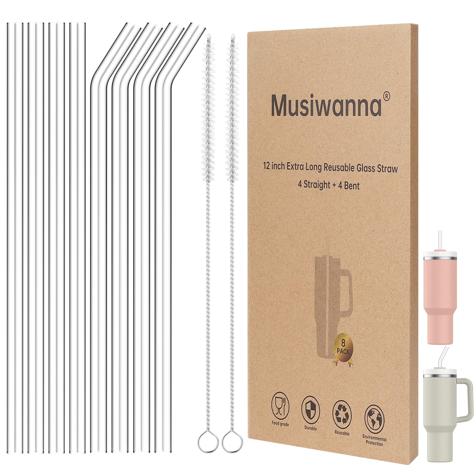 Musiwanna Replacement Glass Straws Compatible with 30/40oz Stanley Cup, 8Pcs 31cm/12in Long 1cm Diameter Straw Set with 2Pcs Brush, Extra Long Drinking Glass Straws for Stanley 0.89 L/1.2L Cup