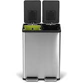 SIMPLI-MAGIC 60 Liter / 16 Gallon Rectangular Hands-Free Dual Compartment Recycling Kitchen Step Trash Can with Soft-Close Lid, Brushed Stainless Steel