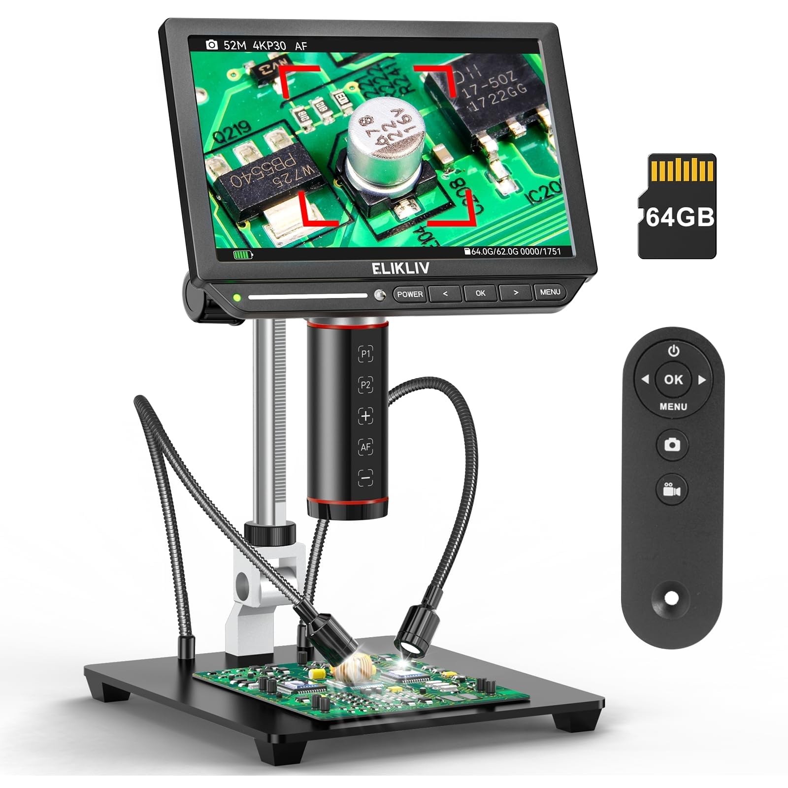 Elikliv Autofocus 4K Digital Microscope EM4K-AF, 52MP Soldering Microscope for PCB Repair, Coin Inspection & Watchmaking, 2000X Magnifier Scope, 8" IPS Screen, HDMI/USB Output, 10" Stand, 64GB Card