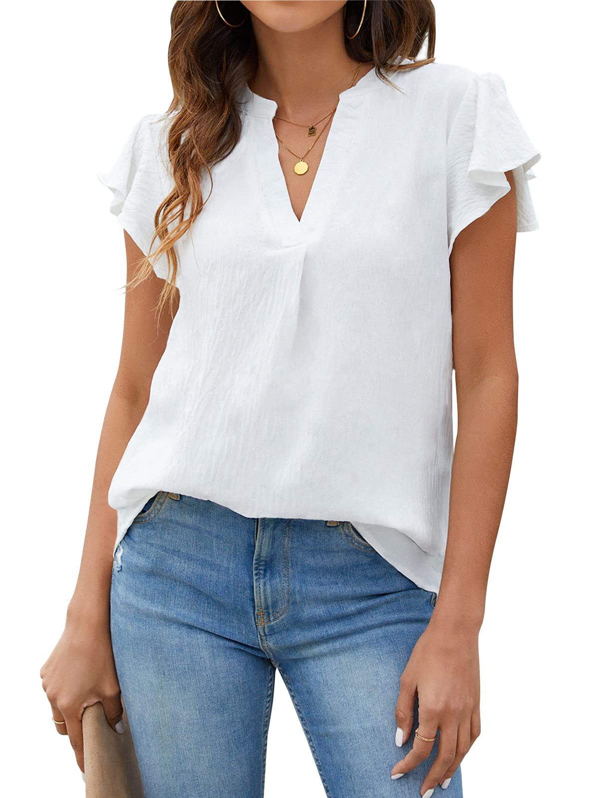 Photo 1 of (MED) (BAGGED) Blooming Jelly Womens White Blouse V Neck Ruffle Sleeve Flowy Shirts Dressy Casual Cute Summer Tops(Medium, Solid Color-White)