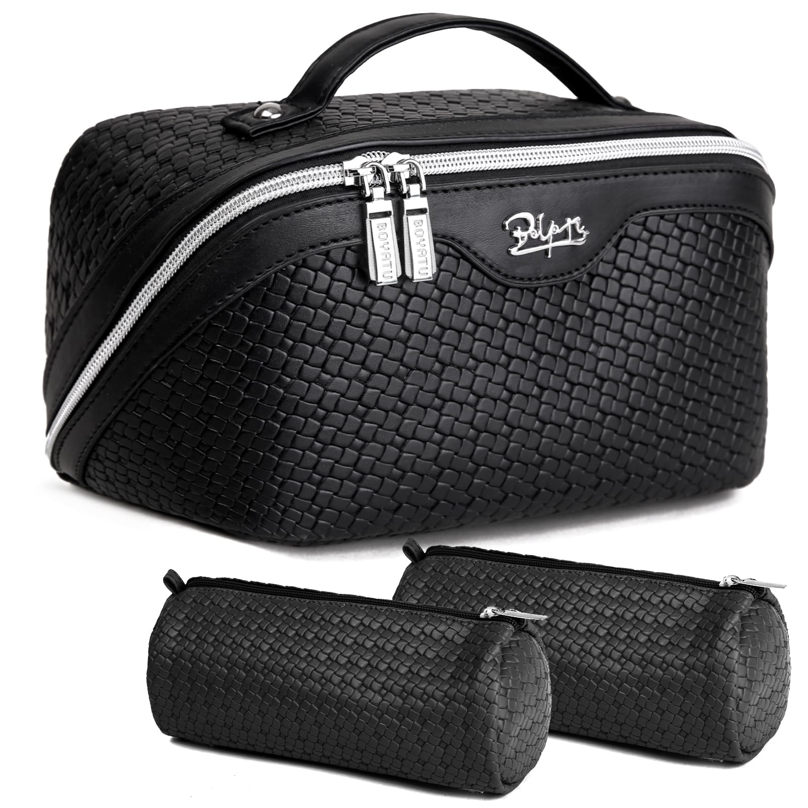 Photo 1 of BOYATU Travel Makeup Bags for Women: 3-Set Large Capacity Make up Bags with Compartments - PU Leather Cosmetic Bag for Traveling (L15 Black)