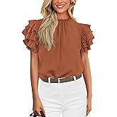 KIRUNDO Blouses for Women Dressy Casual 2026 Spring Summer Ruffle Short Sleeve Mock Neck Work Shirts Tops Fashion Clothing