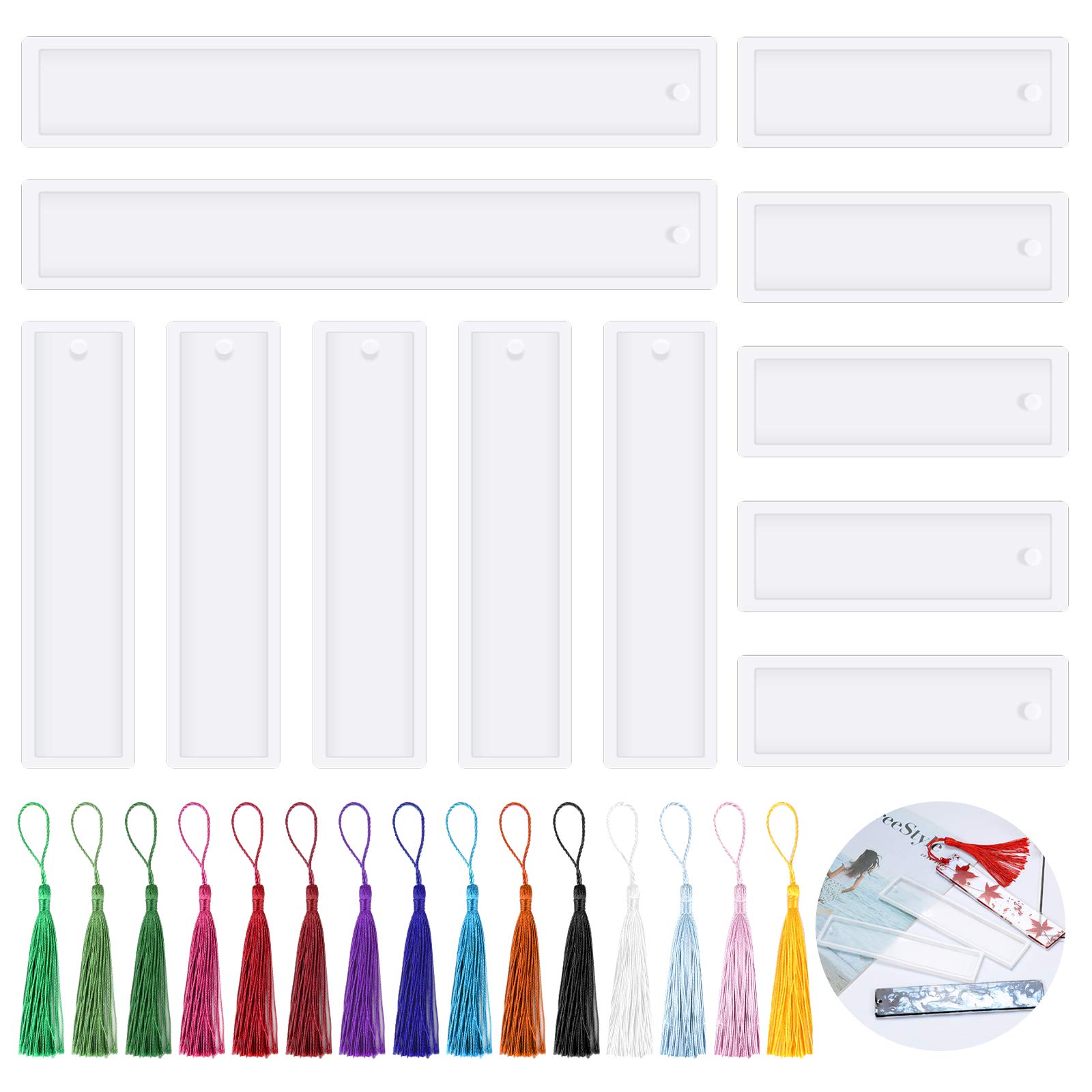 Jubaopen 12PCS Bookmark Resin Mold Bookmark Mold with 15PCS Colorful Tassels Rectangle Resin Casting Mould Silicone Resin Casting Bookmark Molds for Bookmark Craft DIY(3 Sizes, 15 Colors)