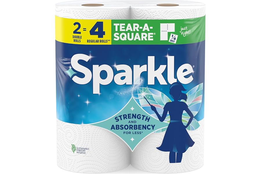 Sparkle Tear-A-Square Paper Towels, 2 Double Rolls (220 Sheets Total) - Strong 2-Ply Towels for Kitchen Cleanup and Everyday 
