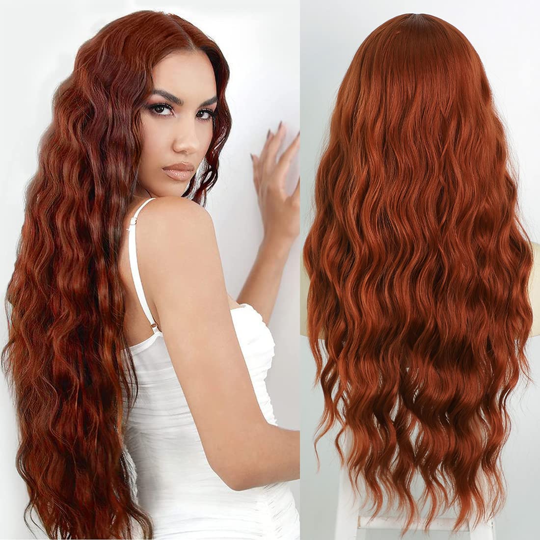 Long Auburn Wavy Wigs for Women, TANTAKO Long Copper Red Synthetic Hair Wig with Small Lace, Red Brown Halloween Cosplay Wig