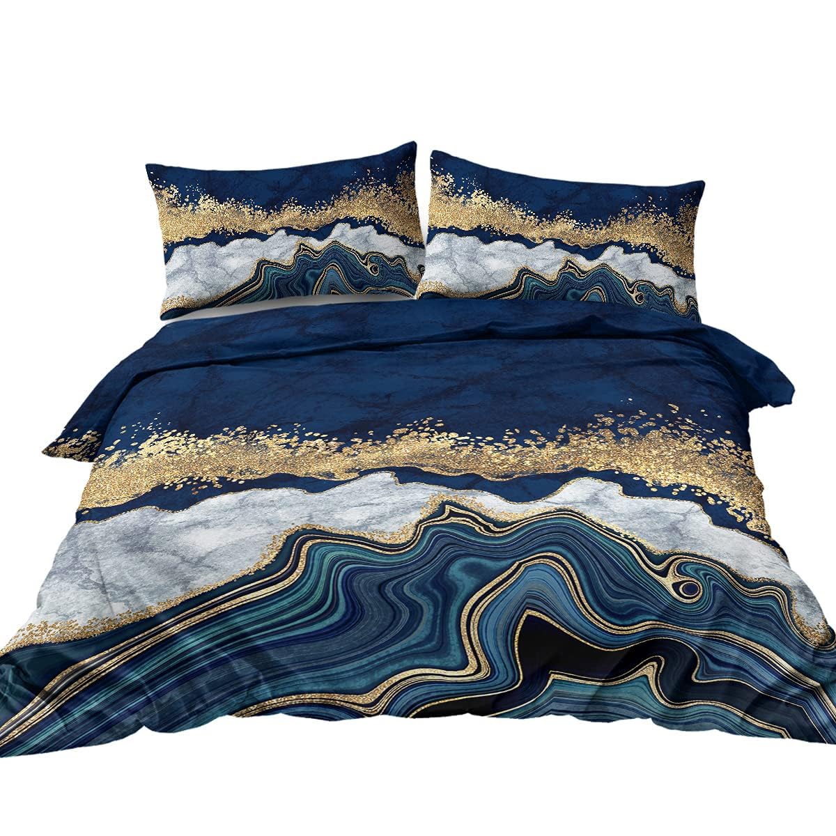 BlessLiving Marble Bedding Grey Navy Blue & Gold Marble Duvet Cover Set Modern Printed Design Bed Set Single 1 Duvet Cover 2 Pillowcases