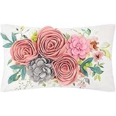 ELSKERJW 3D Pink Flower Throw Pillow Cover Valentines Day Decorative Velvet Accent Pillowcase Handmade Rose Floral Lumbar Cushion Cover for Bed Couch Bedroom Farmhouse Spring Home Decor 12x20Inch