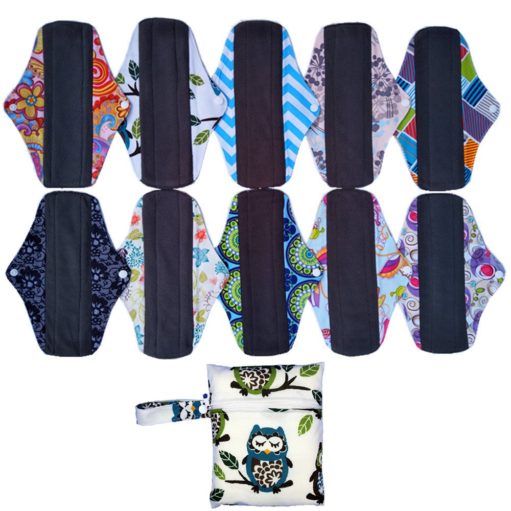 10PCS 10 Inch Charcoal Bamboo Cloth Reusable Washable Menstrual Pads Sanitary Pads+1 Wet Bag (mc10-10-01)