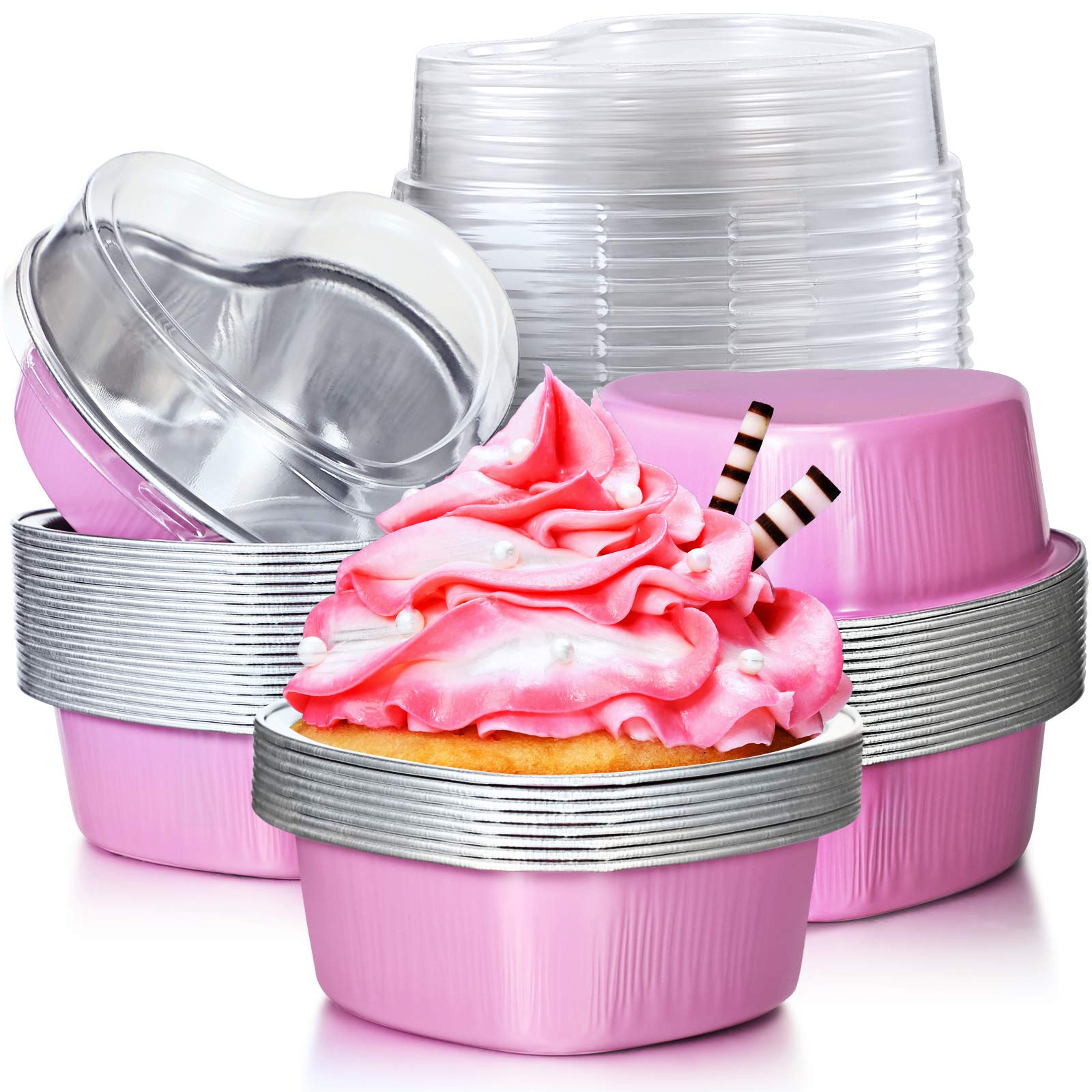 Photo 1 of 20 Sets Aluminum Foil Cake Pan Heart Shaped Cupcake Cup with Lids 100 ml/ 3.4 Ounces Disposable Mini Cupcake Cup Flan Baking Cups for Valentine Mother's Day Wedding Xmas Birthday(Pink)