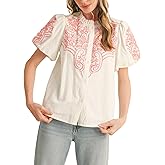 Joiemont Womens Floral Embroidered Button Down Bubble Sleeve Top High Ruffled Neckline Blouses Shirts