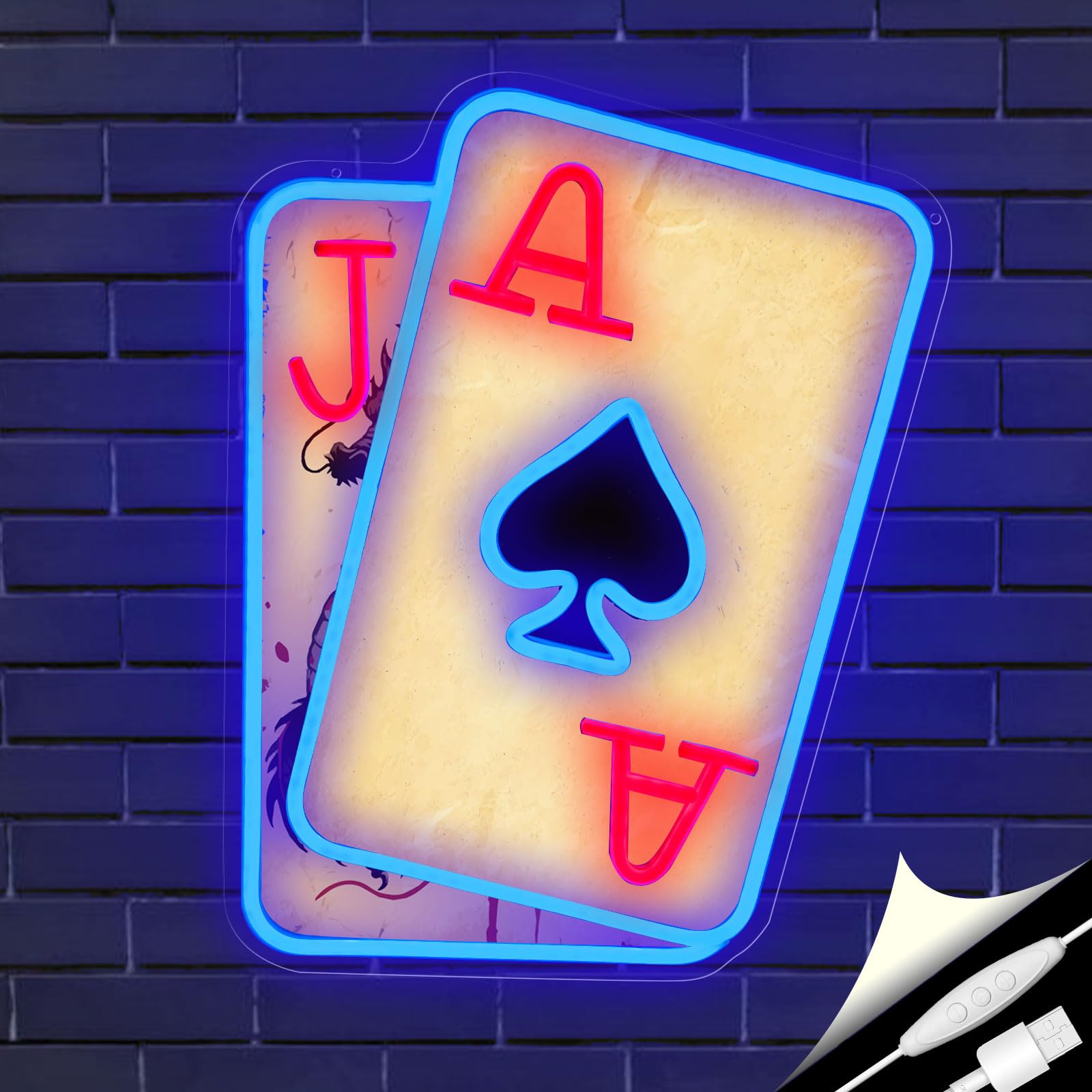 Photo 1 of Poker Neon Sign for Wall Decor Playing Cards LED Neon Lights Dimmable Casino Neon Lights up Sign for Game Room, Bar, Man Cave, Bedroom, Casino Party Decorations Gift