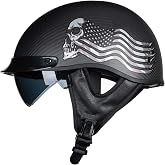 VCOROS Carbon Fiber Open Face Retro Motorcycle Half Helmet DOT | Designed for cruiser riding with sun visor, lightweight carbon fiber shell, EPS, removable washable liner (Flag Skull, L)