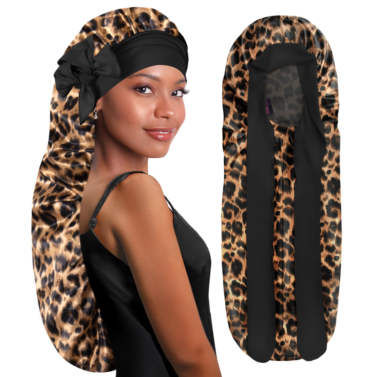 BONNET QUEEN Silk Bonnet for Sleeping Long Hair & Braids Extensions Hair, Satin Long Bonnet for Women, Adjustable Silk Scarf Night Cap with Tie Band, Leopard