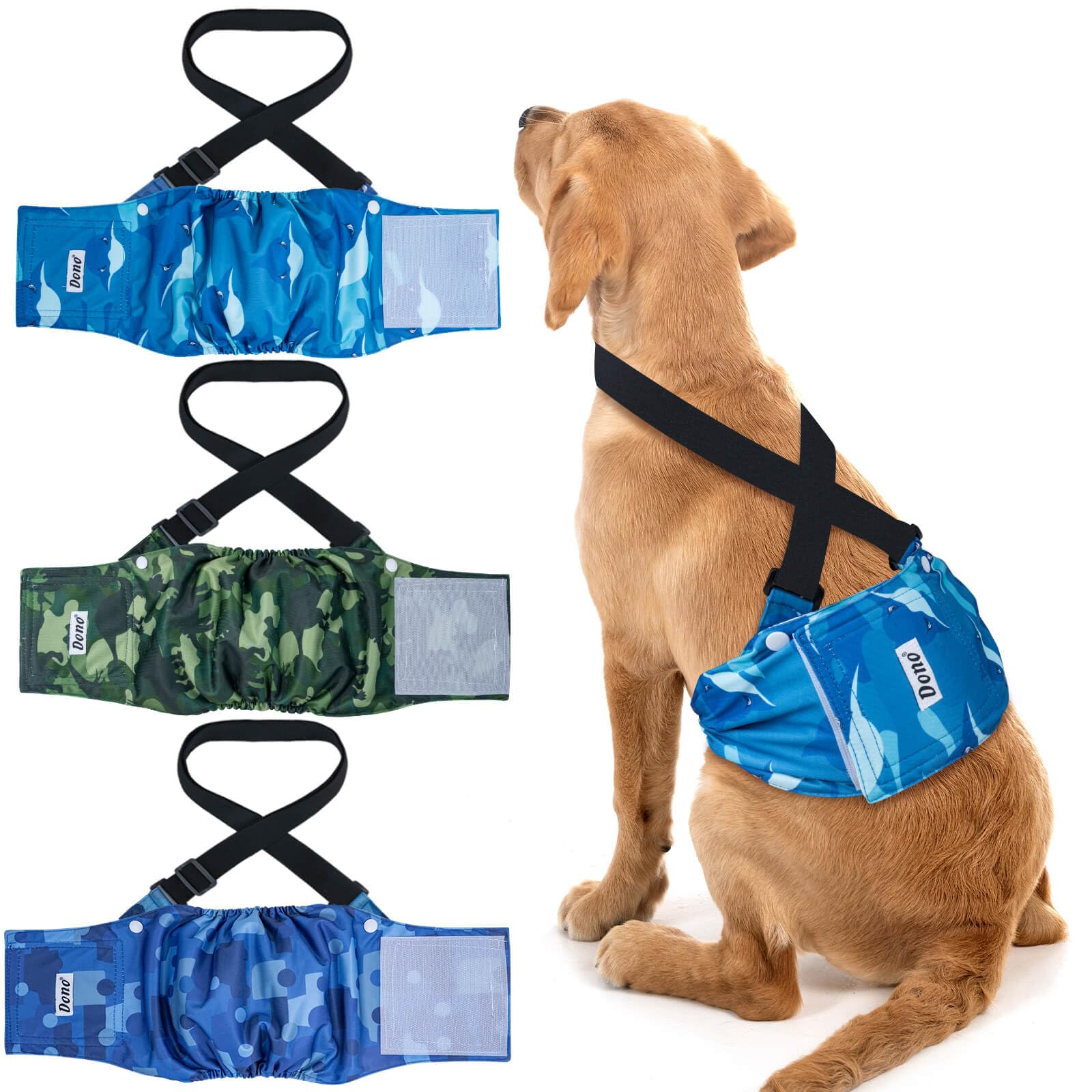 Dono Dog Nappies Male with Suspenders - Belly Bands for Dogs in Heat, Incontinence, Training, Travel - XS, S, M, L, XL, XXL