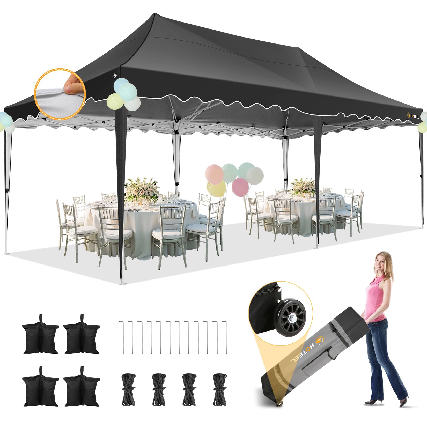 Photo 1 of HOTEEL 10×20 Pop Up Canopy, Canopy Tent UV 50+ and Waterproof, Thickened Frame, Large Space Easy Pop Up Canopy, Outdoor Canopy for Weddings, Beaches, Parties, Patio (Black)