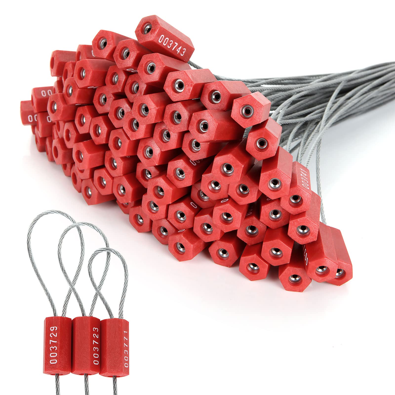 Photo 1 of 100 PCS Steel Security Cable Seals Numbered Tamper Proof Security Tags, Red Pull-Tite Container Seals Wire Seals, Metal Self-Locking Cable Steel Wire Seal for Truck Container Shipping, 12”/300mm