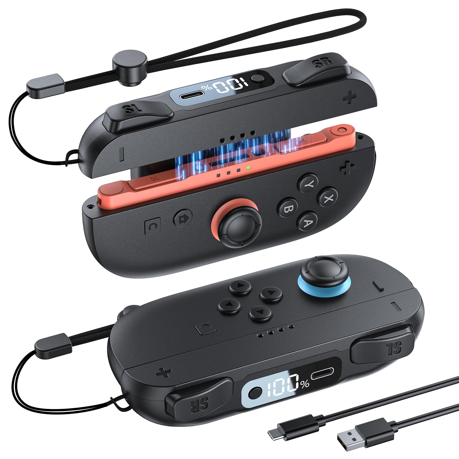 FASTSNAIL Battery Pack for Nintendo Switch 2 for Joycon, 3700mWh Magnetic Battery with LED Digital Display, Enlarged SR/SL Button, Charger for Switch 2 Controller, 2 Pack (Black)