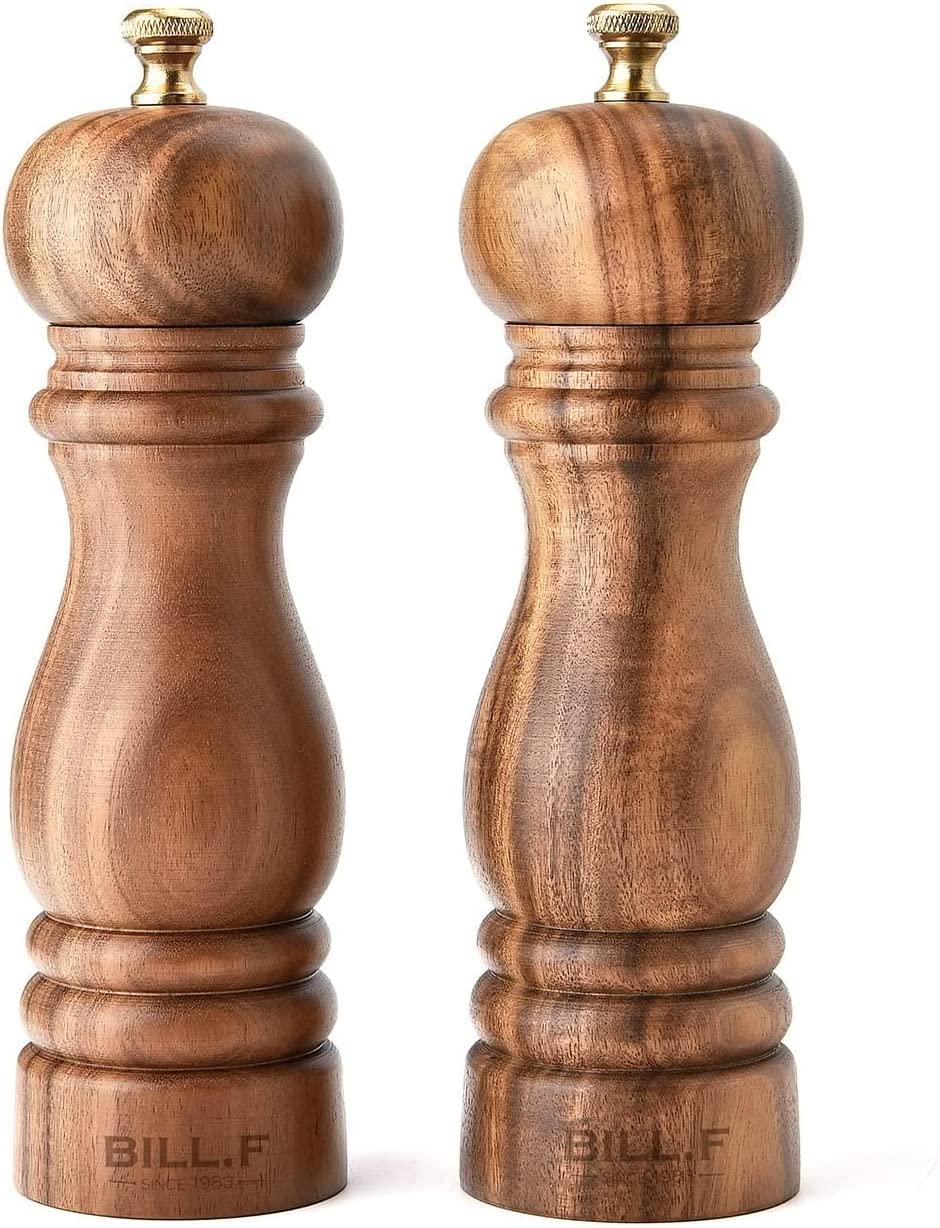 Bill.F Salt and Pepper Grinder Set, Wood Pepper Mill Set of 2 Manual Salt Pepper Shakers Grinder Refillable 7 Inch with Adjustable Ceramic Grinding Rotor — image 1