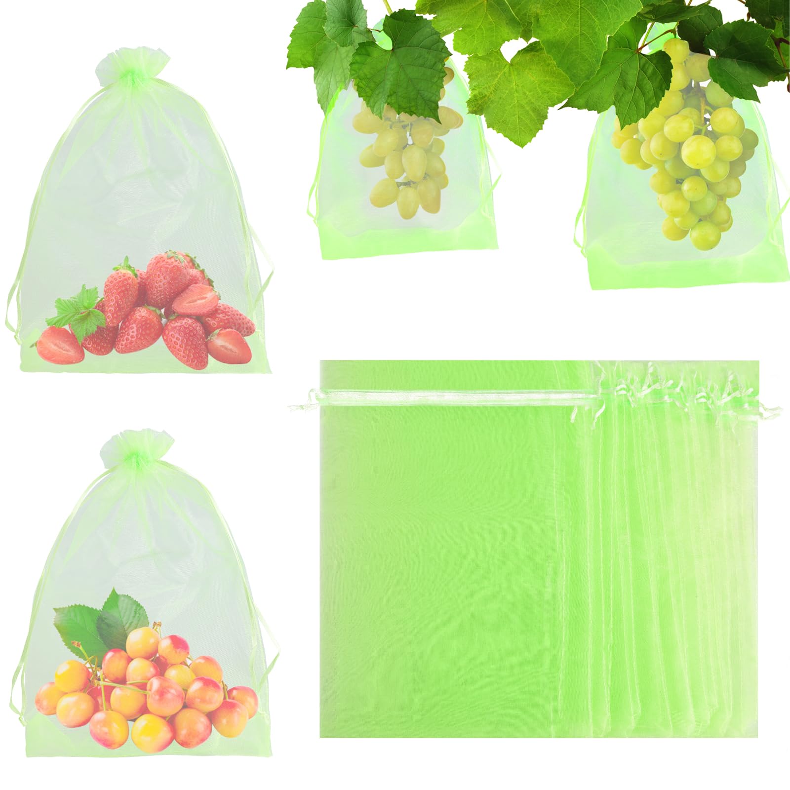 XXXFLOWER Fruit Protection Netting Bags with Drawstring,20x30cm Garden Netting Mesh Cover Organza Bags Insects Mosquito Barrier Net Strawberry Cherry Grape Bird Protection Bags 20Pcs(Fruit Green)